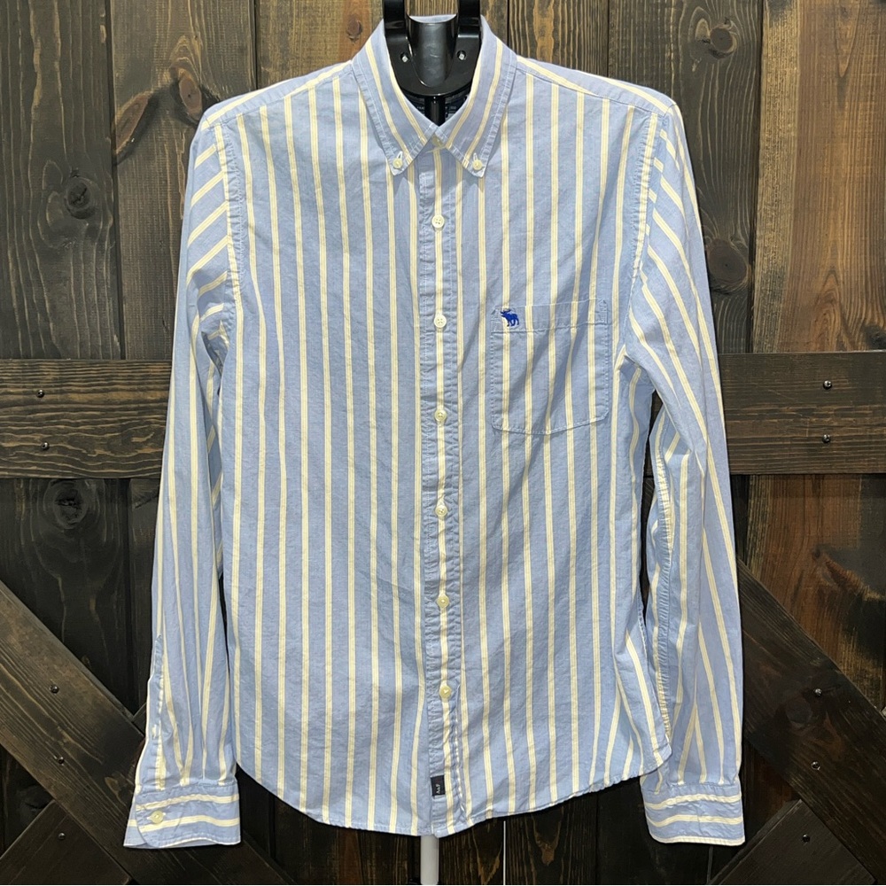 Abercrombie‎ & Fitch Button Down Top XL Striped Blue Yellow Moose Y2K Vtg Preppy